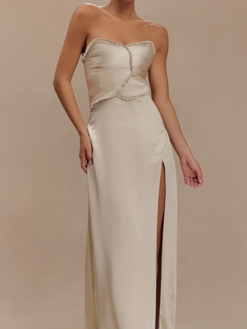 Meshki Strapless Champagne Evening Gown with Thigh Slit
